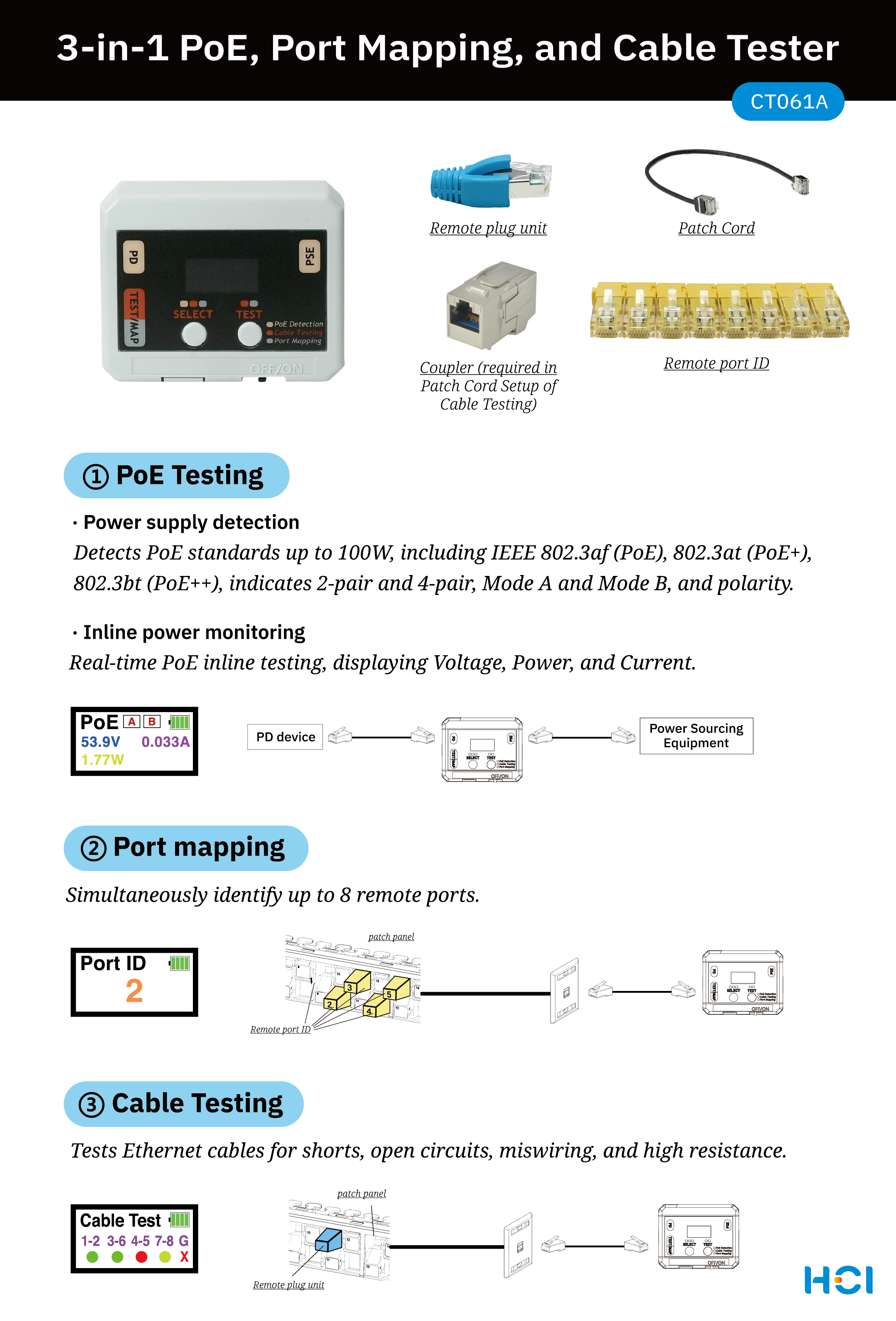 Функции тестера кабелей для картирования PoE портов CT061A