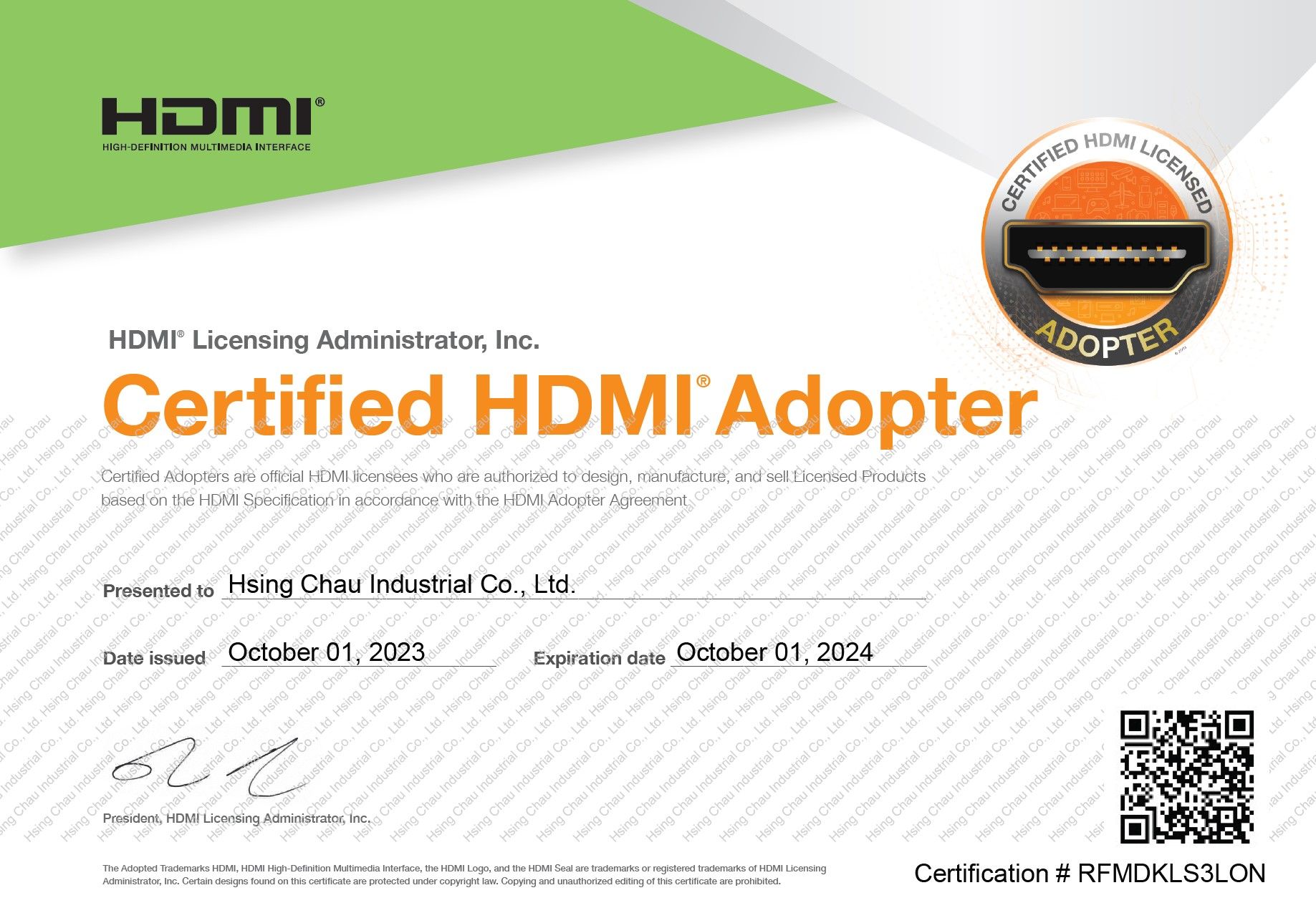 HCI Giấy phép HDMI Adopter 2023-2024